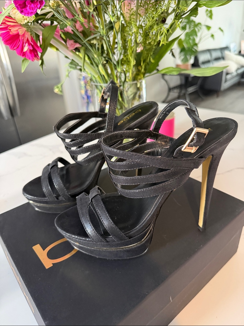 bebe Black Strappy Platform Stiletto Heels